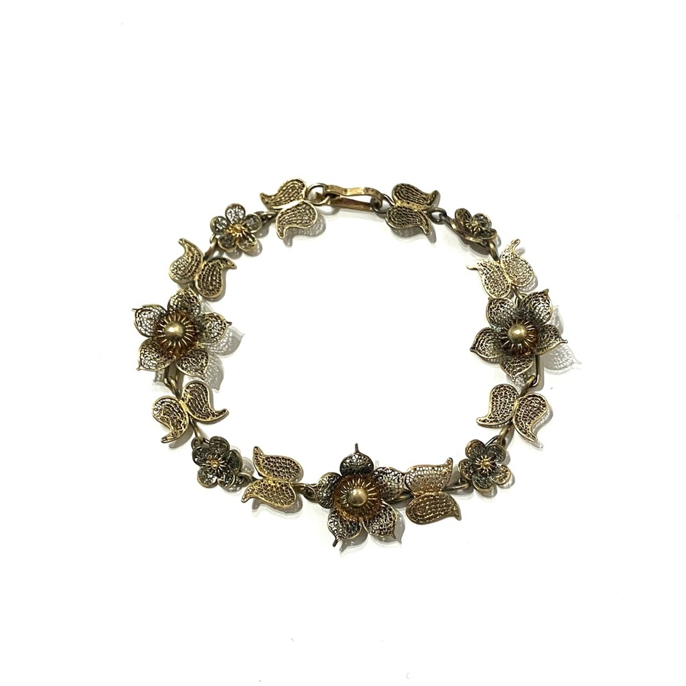 Vintage Gold Tone Filigree Flower Bracelet 7.5”